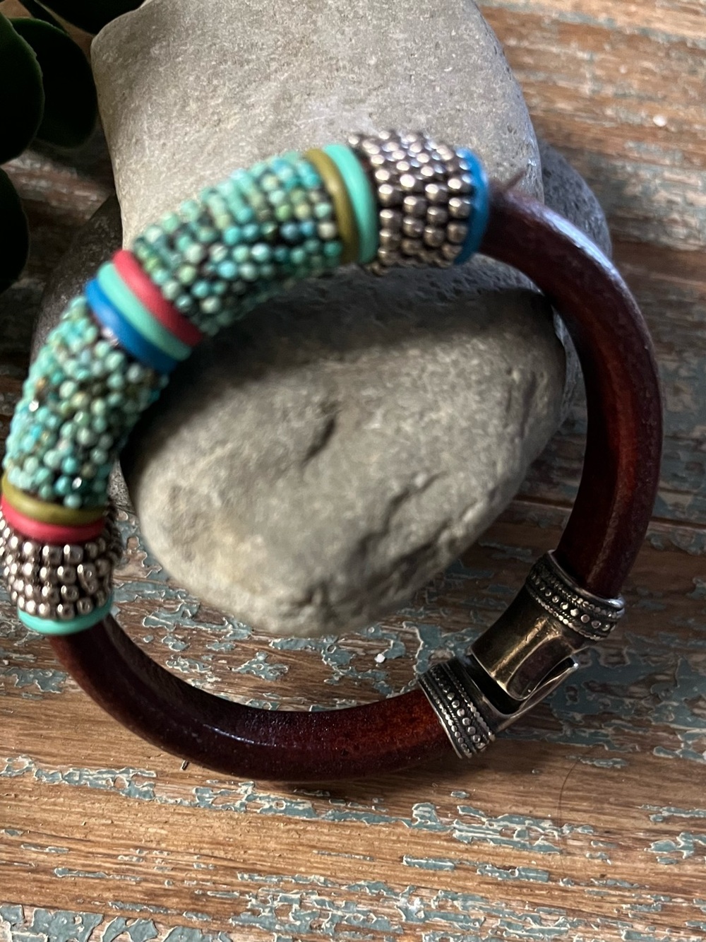 Handcrafted Sundance style Turquoise Beaded leather band bangle w/magnetic close